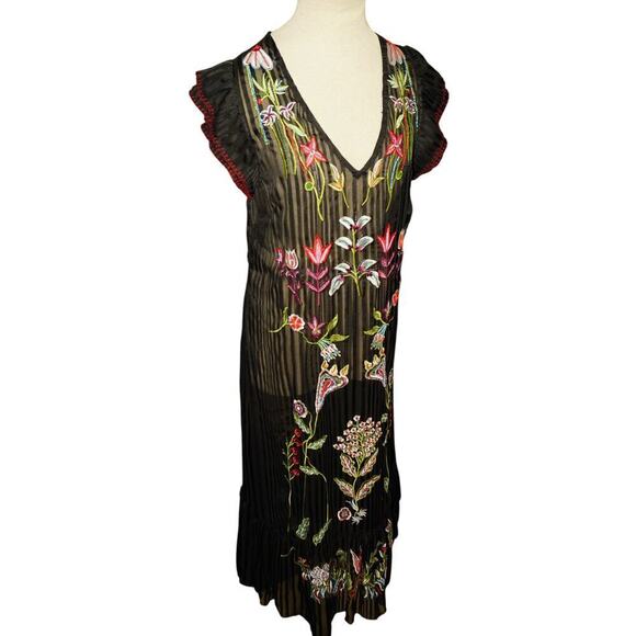 Not So Serious by Pallavi Mohan Sheer Black Floral Embroidered Midi Dress Size 4 - Picture 2 of 7